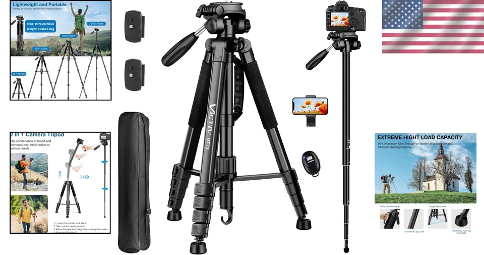 Portable 72" Camera Tripod Monopod Combo with Remote - Image 2 of 4