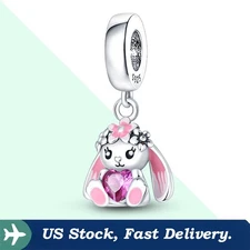 KUNSIR 925 Sterling Silver Pink Rabbit Holding Heart Charm For Bracelet Pendant