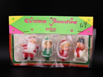 Vintage Christmas Miniature Plastic Pixie Elf Santa and Snowman Decorations NOS