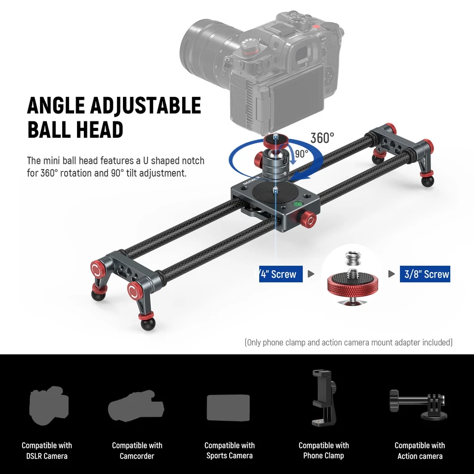 NEEWER 16in Carbon Fiber Camera Slider with Ball Head for GoPro iPhone Android - Image 3 of 4