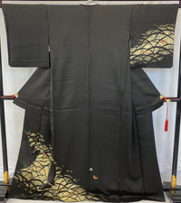 Japanese Vintage Kimono Polyester Black Homongi Traditional Authentic Length65in