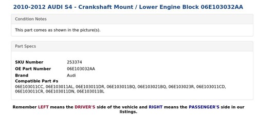 2010-2012 AUDI S4 - Crankshaft Mount / Lower Engine Block 06E103032AA - Picture 4 of 5