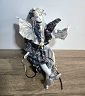Vtg Stunning SILVER AND BLAC Seated Porcelain Harlequin Masquerade Jester Doll