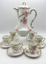 PM BAVARIA PORCELAIN HAND-PAINTED CHOCOLATE/DEMITASSE SET w/SIX CUPS & SAUCERS
