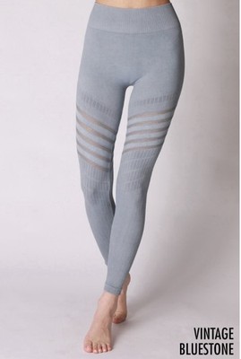 New Vintage Wash Bluestone Gray Chevron Mesh Panel Leggings One Size