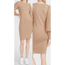 Express Women Tan Pointelle Balloon Sleeve Sweater Dress Large NWT 07854442