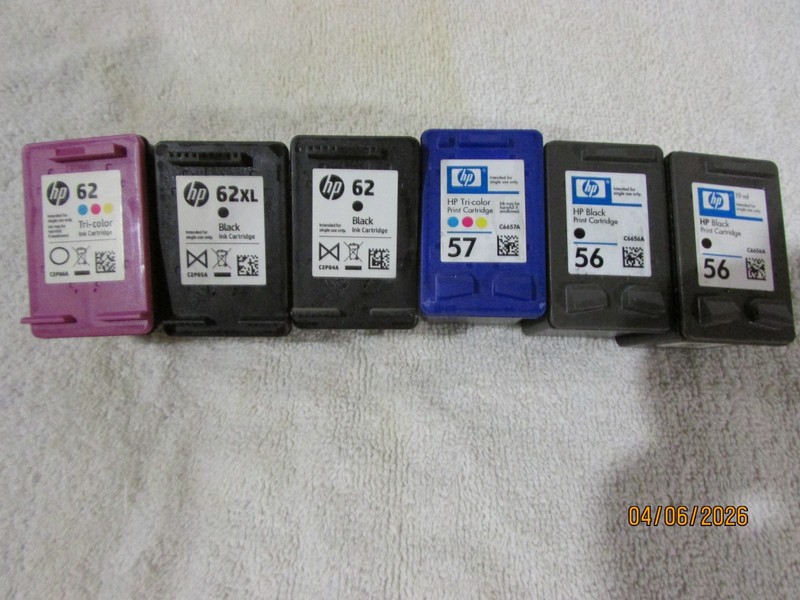 Lot of 6 empty HP ink cartridges for recycling/refill,  2-56, 1-57, 3-62