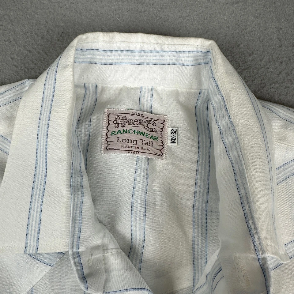 Vintage H Bar C Western Shirt Mens 14.5 S Ivory Striped Long Tail Pearl Snap 70s - Image 2 of 4