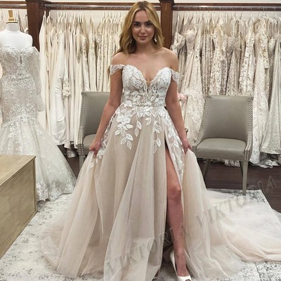 A Line Tulle Wedding Dresses Off the Shoulder 3D Flower High Slit Bridal Gowns