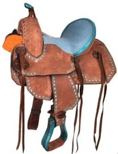 Youth Barrel Style Saddle Rough Out with Turquoise Seat Buckstitch FQHB 10" NEW