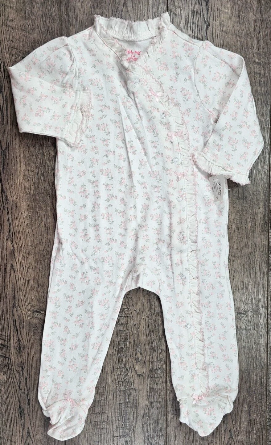 Baby Girl Clothes New Little Me 9 Month Pink & Gran Floral Footed Outfit