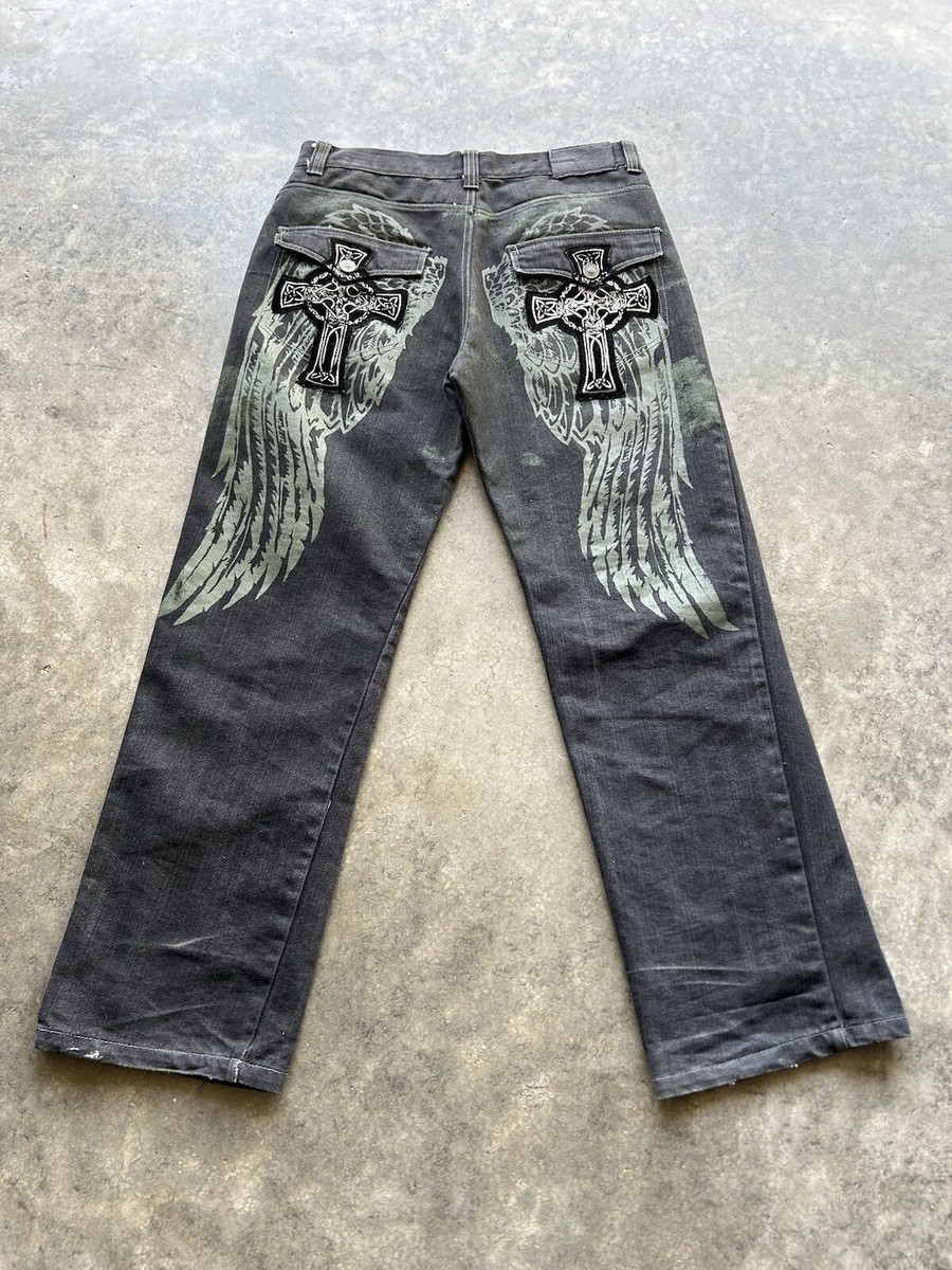 Vintage Y2K RawBlue Baggy Skater Jnco Style Black Denim Cross