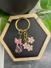 3" Gold-tone Cat Flower Enamel Charm Keychain New Free Ship B4078