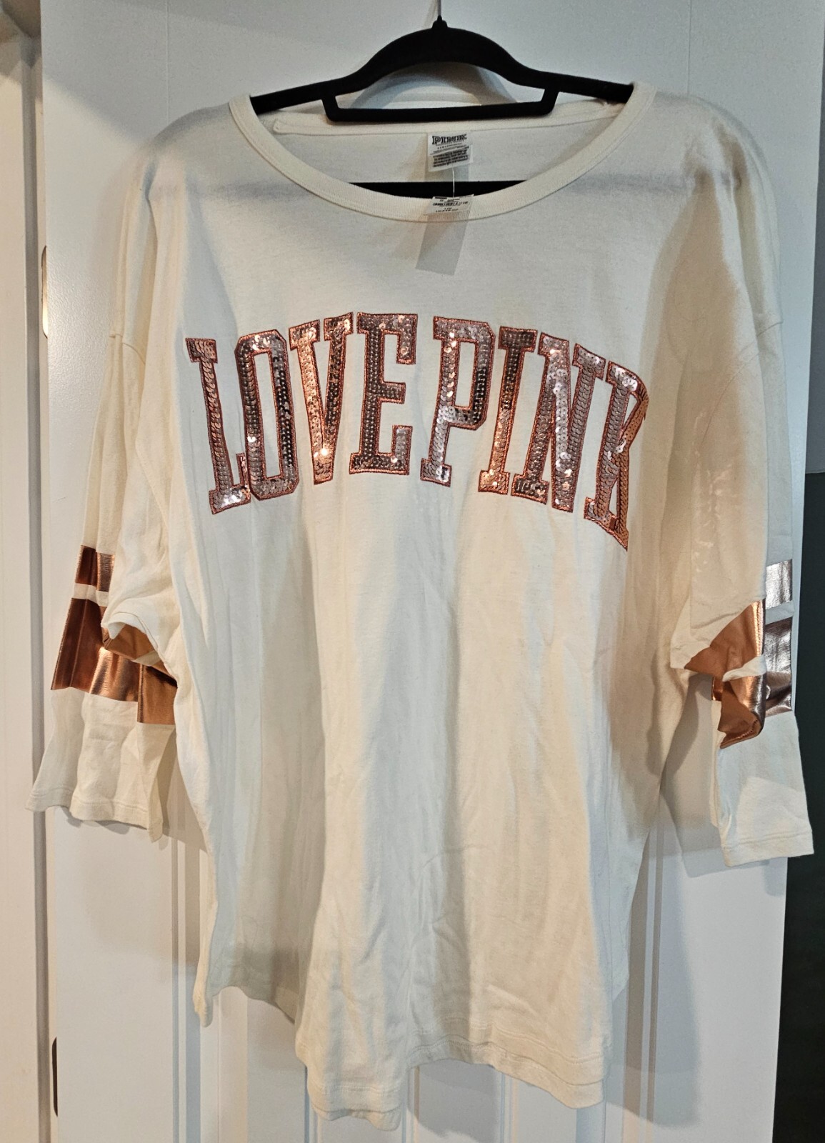UNDERCOVER T shirt Victoria's Secret Bling fidanzato panna oro rosa paillettes nuova con etichette L A119