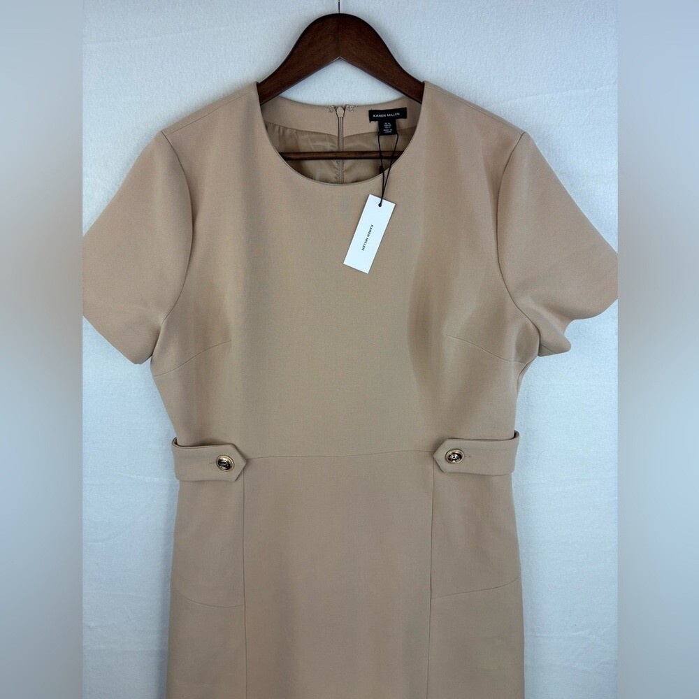 KAREN MILLEN Tailored Mini Dress Stretch Essential Waist Tab Button Camel NEW 12 thumbnail 7
