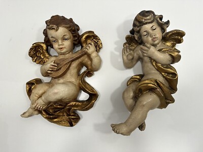 2 19th Century Italian Carved Polychrome & Gilt Wall Cherubs: Carved ...