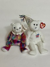 2 APRIL Birthday TY Beanie Baby Bears: 9” White w/ Hat & 7.5” in Clown Suit