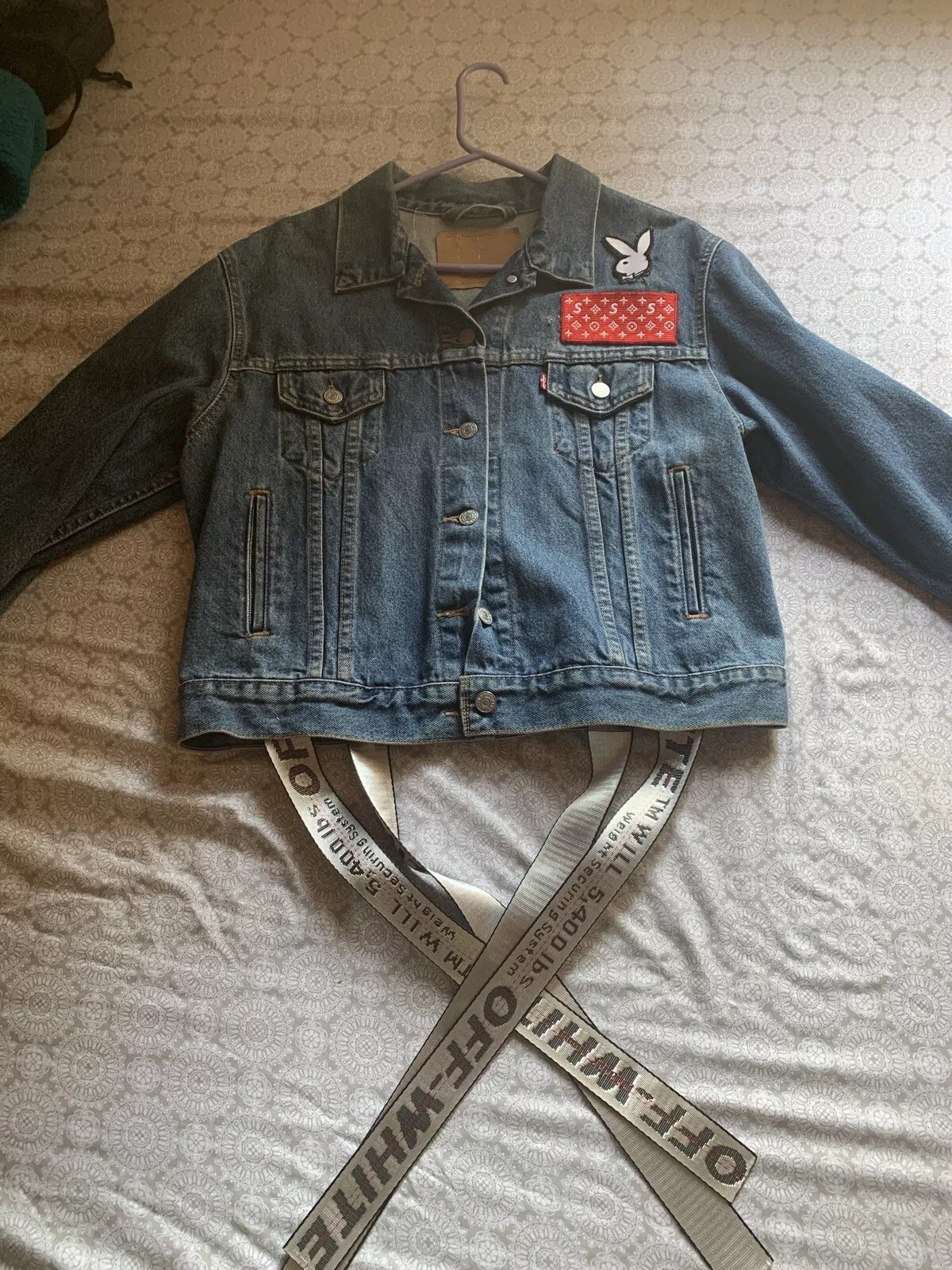 Veste Levis Custom Jean Playboy, Supreme, blanc cassé, drapeau Californie et États Unis SM