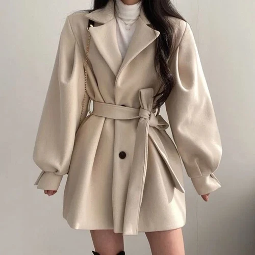 Women's Woolen Coat Autumn Winter Mid Length Lapel Belt Jacket Elegant Outwear - Picture 9 of 16
