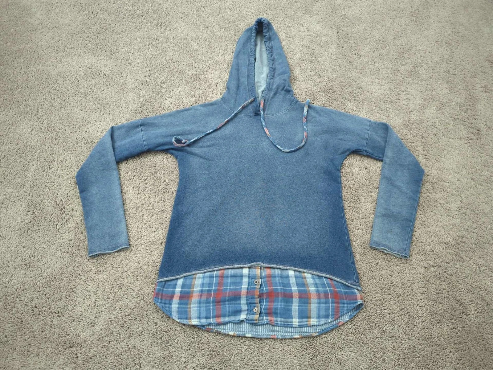 Cloth & Stone Hoodie Womens Small Blue Pullover Plaid Shirt Hem Casual