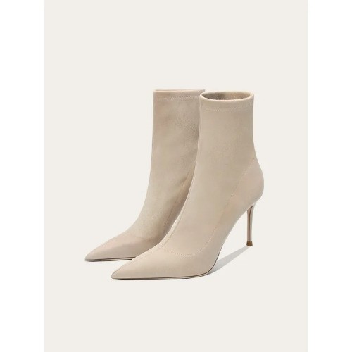 Women Pointed Toe Stiletto Ankle Boots Suede Elastic Slim Fit High Heel Boots