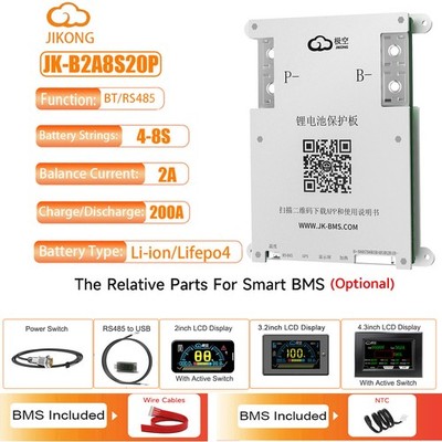 JK Smart BMS 4S-8S 12V-24V 200A LiFePo4 Li-ion BMS in 2A Active Balance BT/RS485