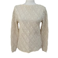 VTG Womens Crochet Boatneck Sweater Sz S Tan Scalloped Beachy Summer Cottage