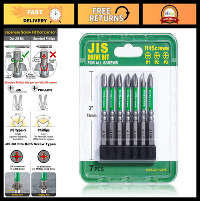 7pcs Impact Ready JIS Screwdriver Bit Set - 3'' Japanese Cross Point #1, #2, #3 -