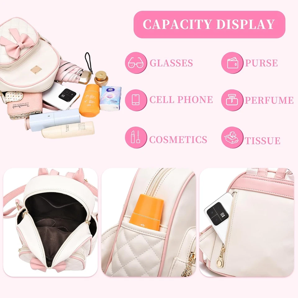 Mini Backpack for Girls Cute Bow Backpack Leather Small Backpack Purse for Women - Image 4 of 4