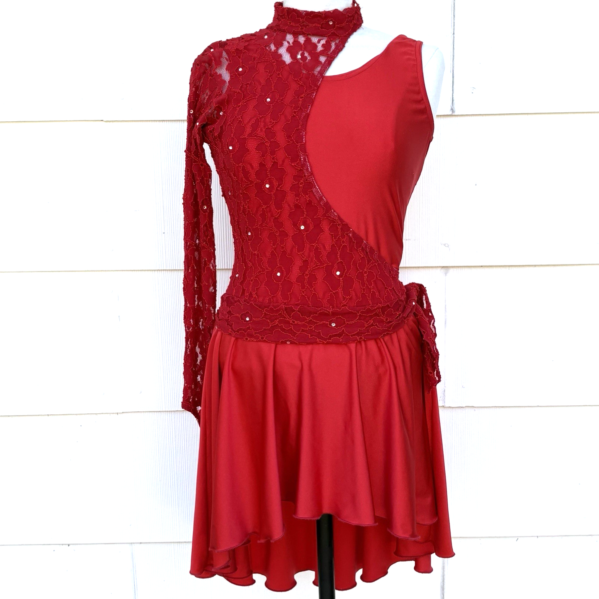 Red One-Sleeve Figure /Ice Skating Dress Lace Sequin Competition Mock Neck