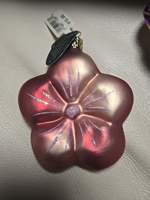 Christborn Blown Glass Xmas Ornament Pink Flower Bloom with Glitter 