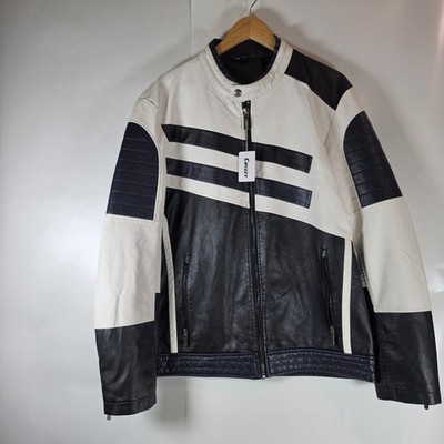 Cbyezy Mens Faux Leather Moto Jacket Black White Colorblock Cafe Racer 2XL