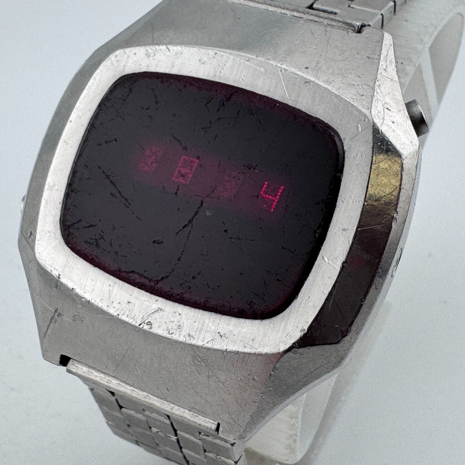 Vintage Sears Red LED Digital Watch Men Silver Steel Date Stretch New Battery