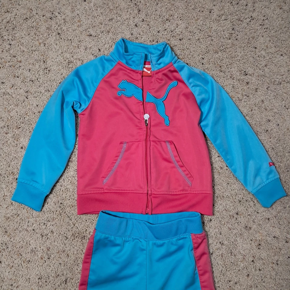 彪马田径套装套装女孩 2T Aqua & Pink 夹克/裤子套装 — 第 2/4 张图片