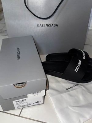 Balenciaga Black Smooth Rubber Logo Pool Slides Men Size 43