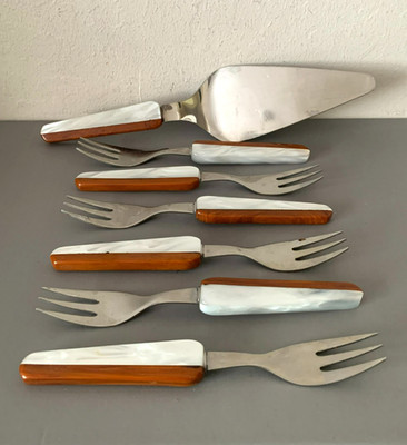 Vintage Edelstahl Rostfrei Germany 6 Dessertgabeln & Kuchenscheibe, Refuxsil 18/8