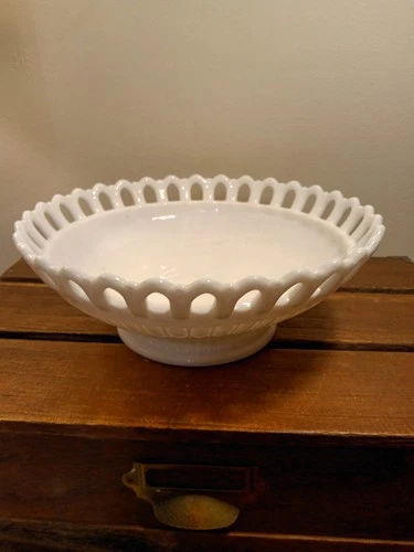 Vtg Westmoreland Milk Glass Compost Bowl, Open Lace Edge, Short Pedestal