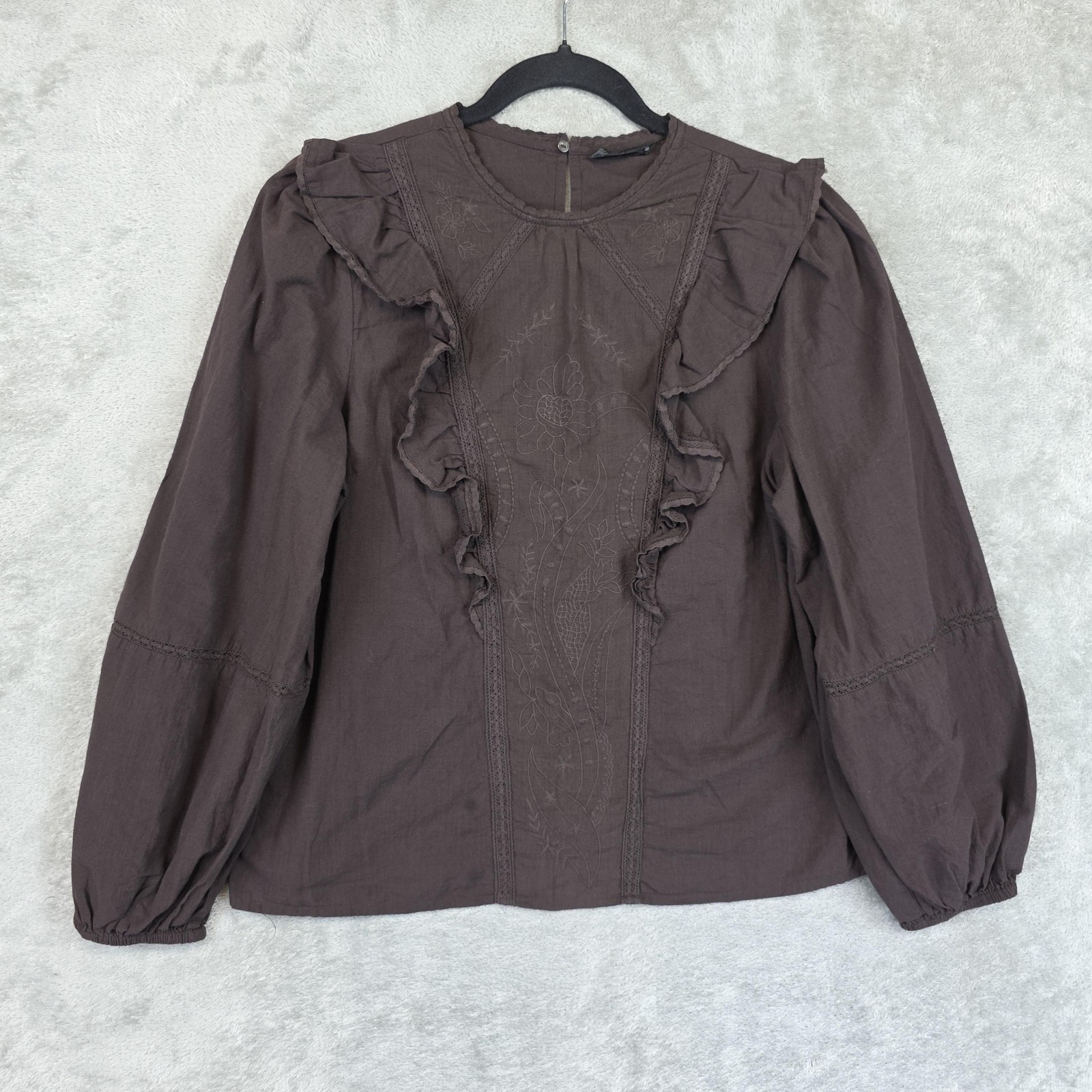 Zara Blouse Womens M Brown Round Neck Long Balloon Sleeve Ruffle Cotton