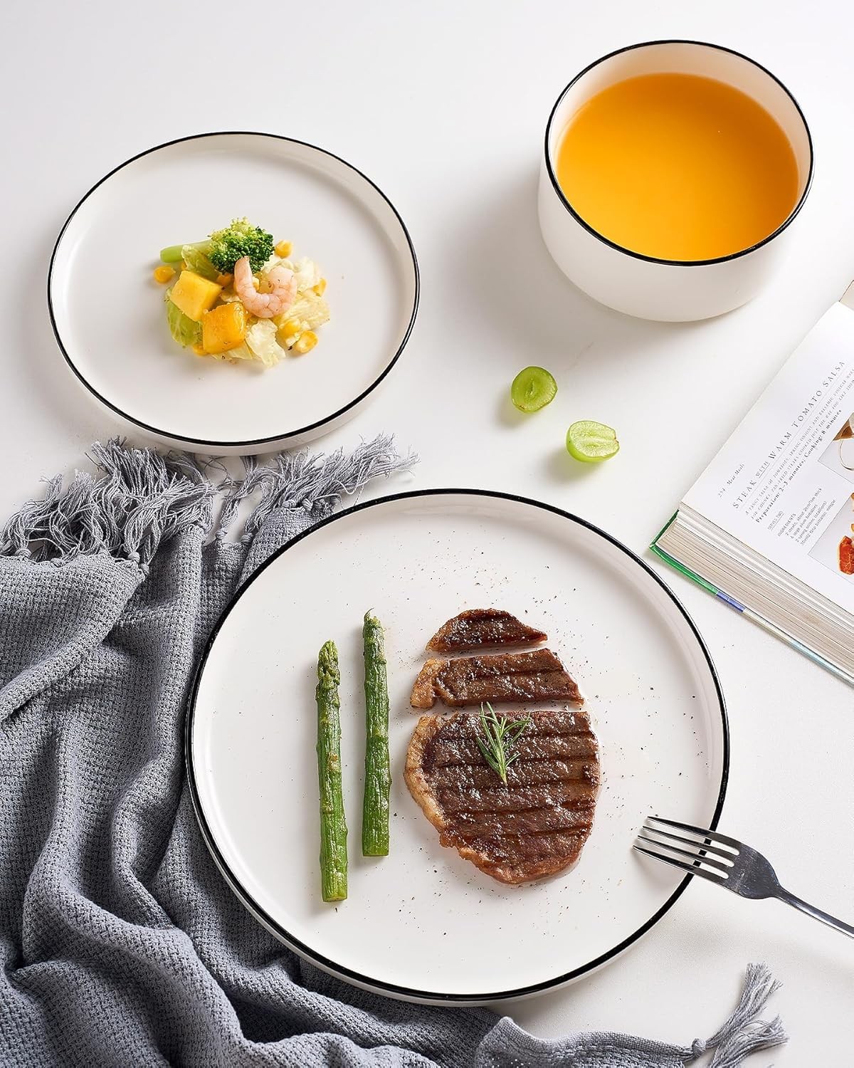 Famiware Porcelain Dinnerware Set, 4-Set(12pcs), White with Black Trim 