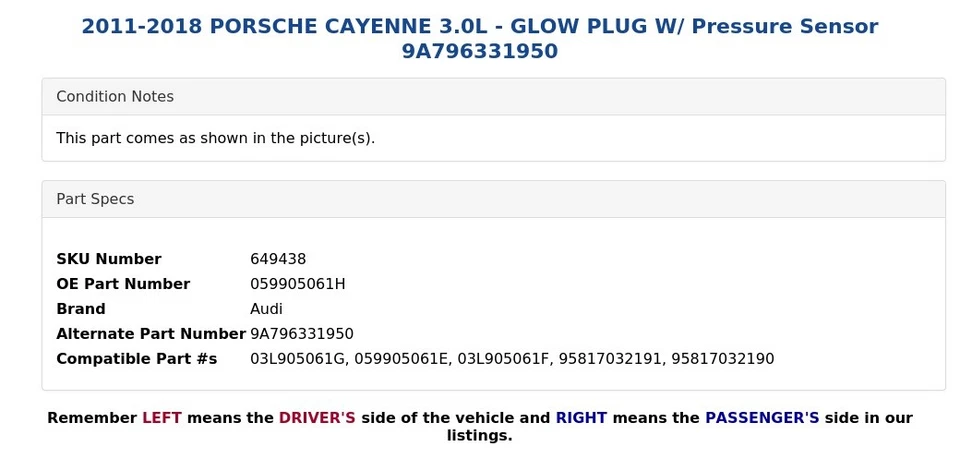 2011-2018 PORSCHE CAYENNE 3.0L - GLOW PLUG 带压力传感器 9A796331950 — 第 3/4 张图片