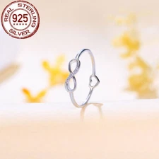 Fashion Top Solid 925 Sterling Silver CZ Double Sided Infinity Symbol Heart Ring
