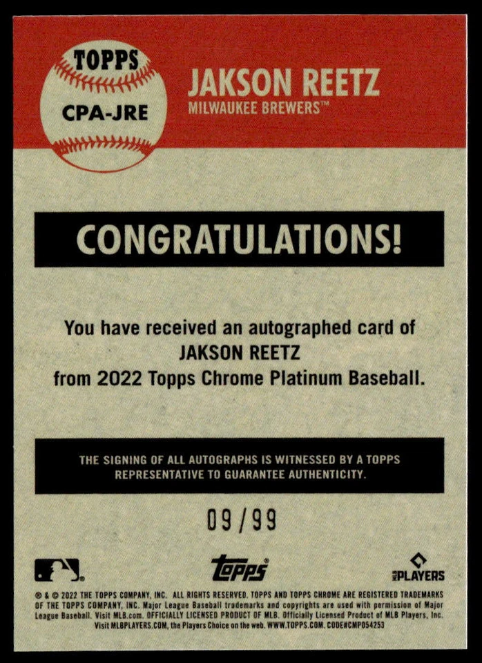 2022 Topps Chrome Platinum Blue Toil Cream #CPA-JRE Jakson Reetz 9/99 Brewers - Image 2 of 2