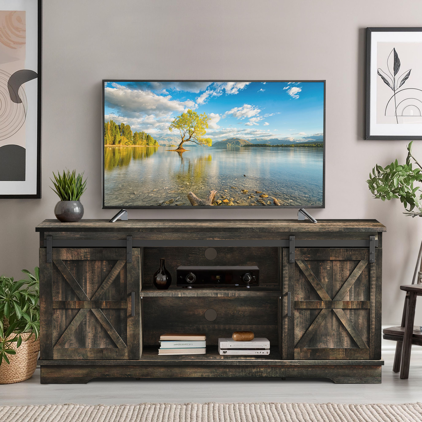 Rustic TV Stand Cabinet with Sliding Barn Doors for 65 Inch TVs Media Console