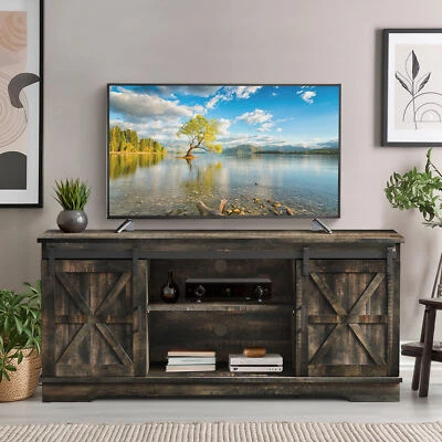 QURIOUS CORNER Rustic TV Stand Cabinet with Sliding Barn Doors for 65 Inch TVs Media Console