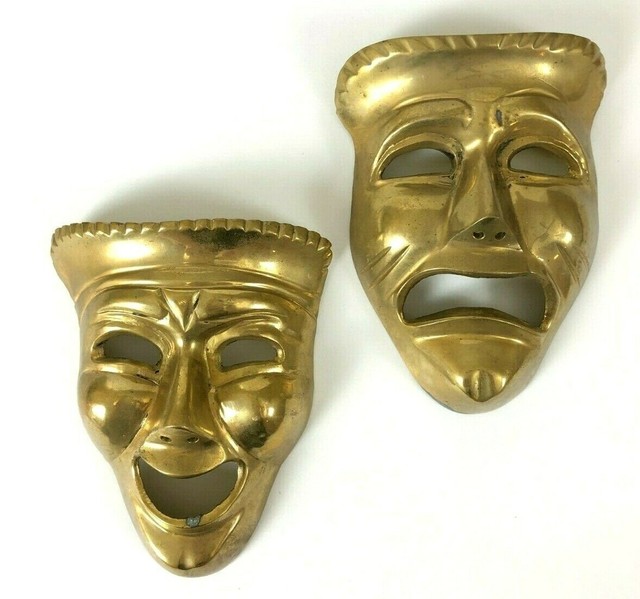 Vintage Solid Brass Theater Faces Masks Set Wall Hanging Drama Comedy Patina eBay