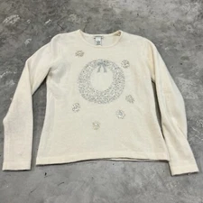 ORVIS Ivory/Creme Holiday Sweater Lambswool Angora Rabbit Hair Sequin Embroid SM