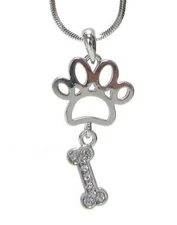 DOG PAW AND CRYSTAL BONE CHARM NECKLACE 17" CHAIN White Gold Plated XMAS Gift