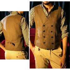 Men Herringbone Tweed Vest Wool Blend Waistcoat Double-breasted Gilet Jacket