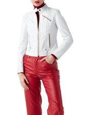 Women' White Leather Jacket Biker Moto Lambskin Size S M L XL XXL 3XL Custom Fit
