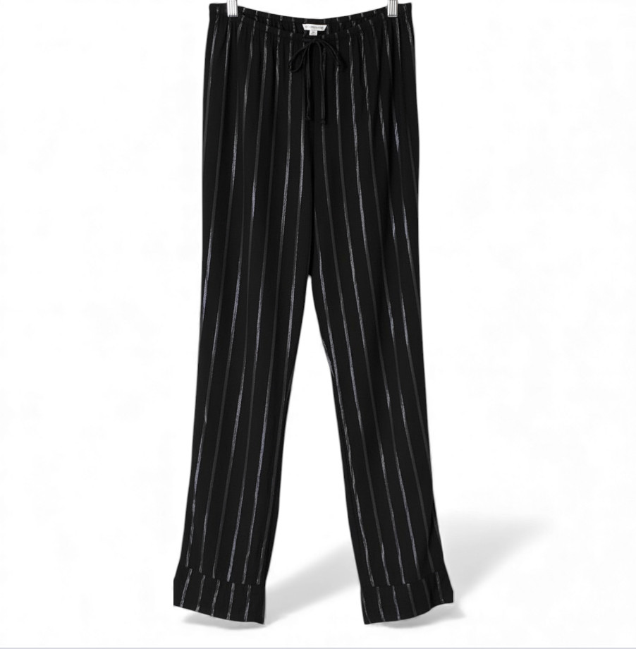 VICTORIA'S SECRET Black Pajama Pants METALLIC SILVER STRIPES Drawstring SIZE S